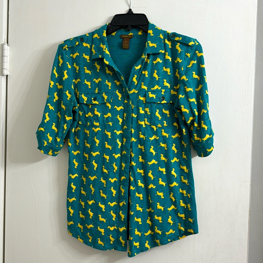 2010s weenie dog print button up shirt